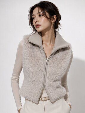 Donna Salyers Fabulous Furs Faux Fur Vest NWT Beige Satin Lined Size Medium